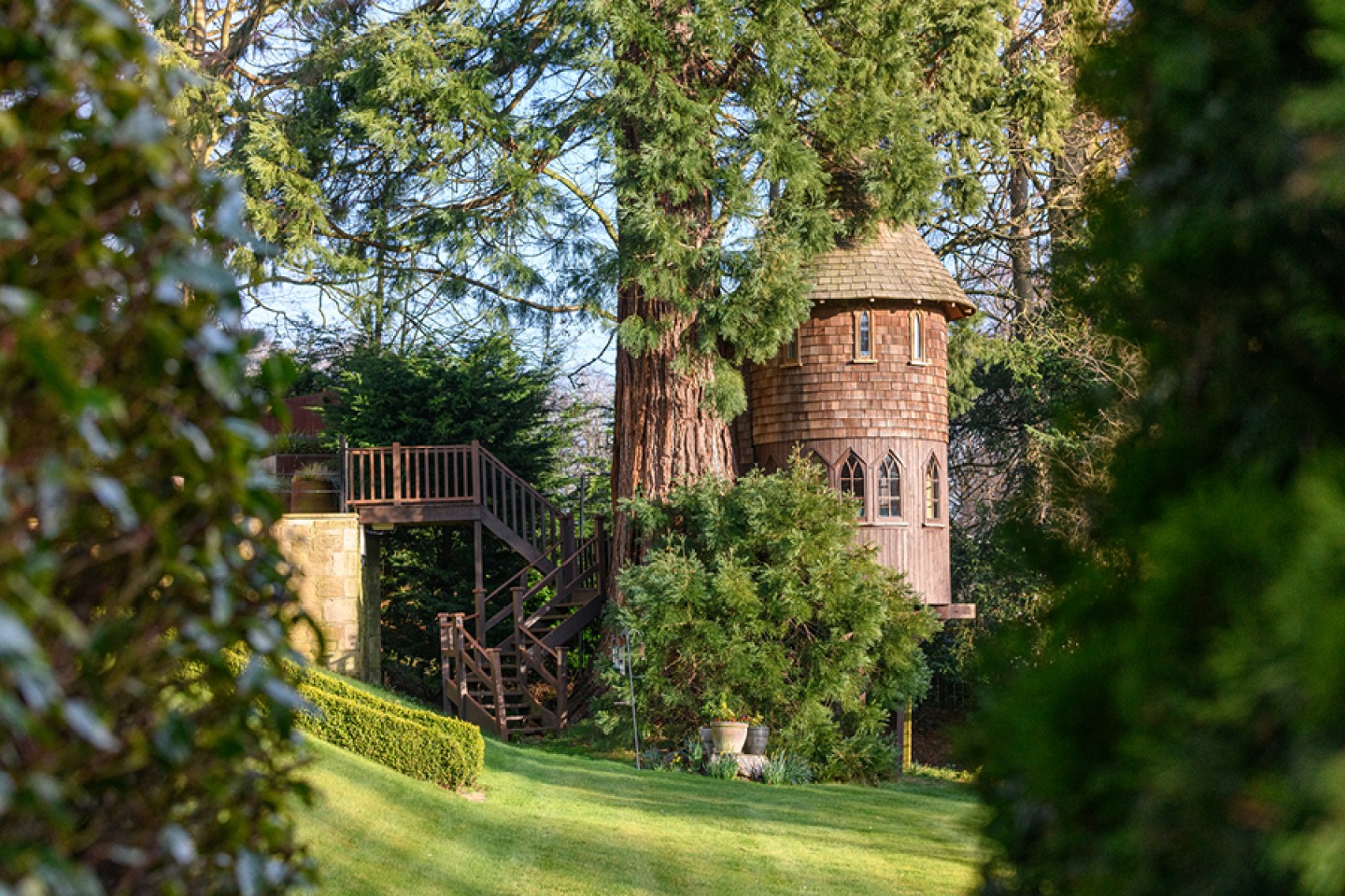 Two floored turret treehouse in style of Alnwick Gardens Treehouse.